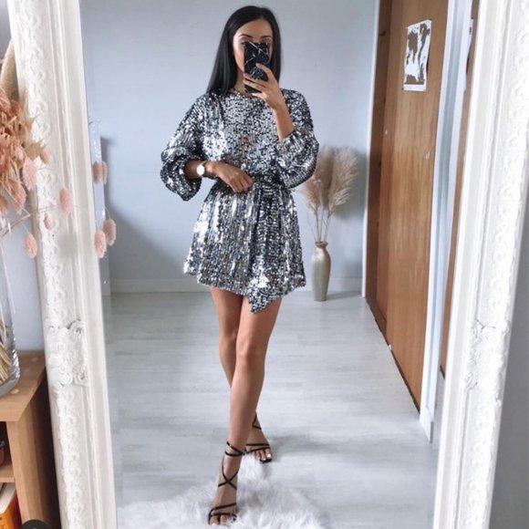 Zara Sequin Mini Dress Silver - Picture 2 of 16